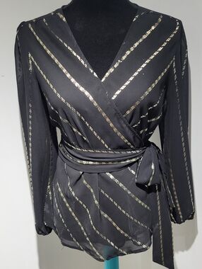 Roxy Earle x Le Chateau Women's Metallic Gold Stripe Belted Wrap Blouse XS Black